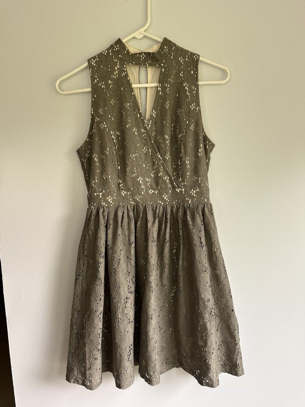 Altar’d State Gray Lace Overlay Fit Flare Mini Dress Size Small V-Neck